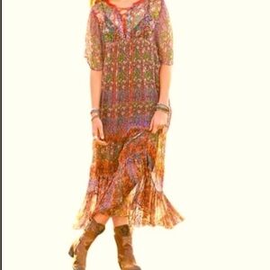 SUNDANCE Shaded Grove Floral Sheer Maxi Slip Dress (piping) Lace-up Neck Size XL